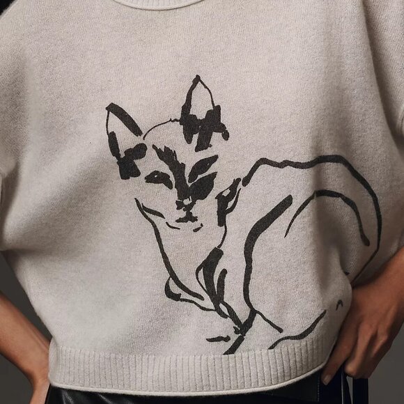 Anthropologie The Goldie Crew Neck Cashmere Sweater Cat Kitty Kitten 2X NWT Plus - Picture 5 of 7